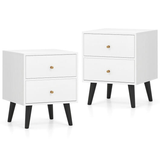 Nightstand Set of 2 Mid Century Modern Bedside Table with Golden Knobs and Raised Support Legs - Color: White