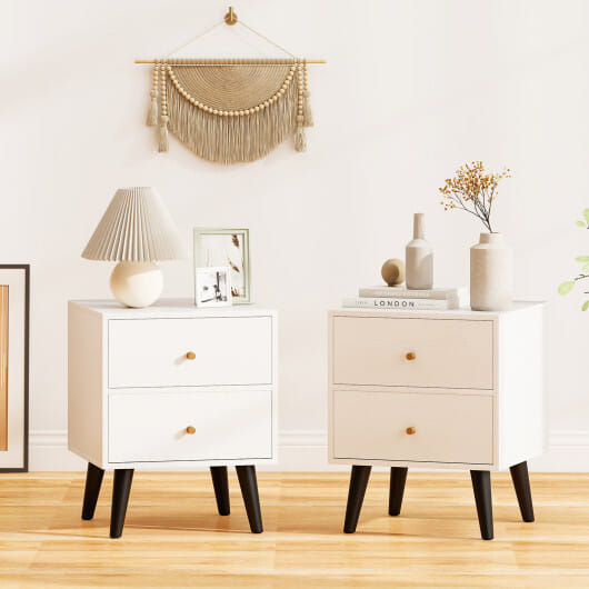 Nightstand Set of 2 Mid Century Modern Bedside Table with Golden Knobs and Raised Support Legs - Color: White
