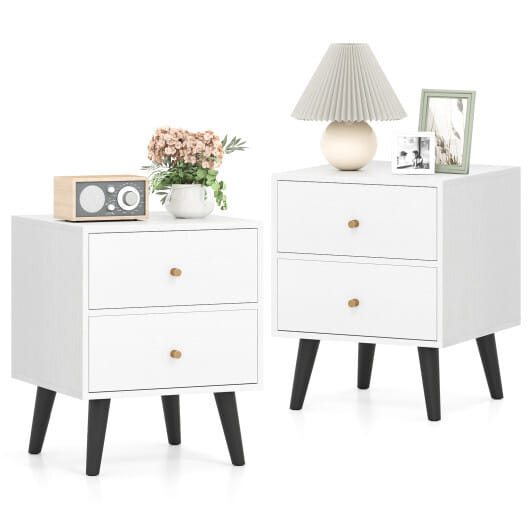 Nightstand Set of 2 Mid Century Modern Bedside Table with Golden Knobs and Raised Support Legs - Color: White