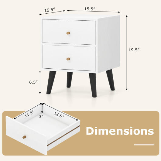 Nightstand Set of 2 Mid Century Modern Bedside Table with Golden Knobs and Raised Support Legs - Color: White
