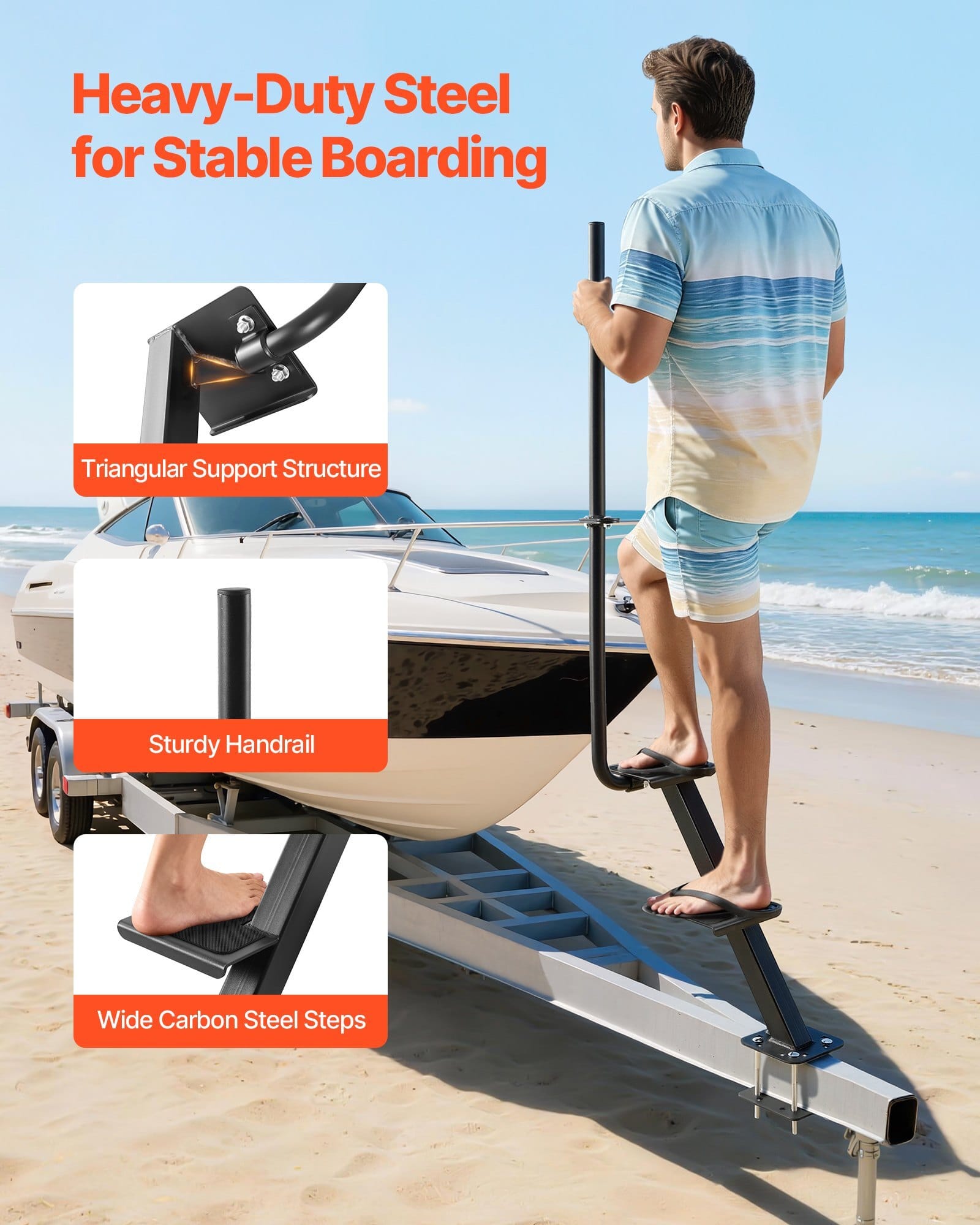 Boat Trailer Steps, 2-Step, Heavy-Duty Boat Trailer Steps with Handle, Non-Slip Surface, 3 Mounting Angle Options, Carbon Steel Ladder Suitable for 3" x 3"/3" x 5"/4" x 4" Frame, Bottom Mounting
