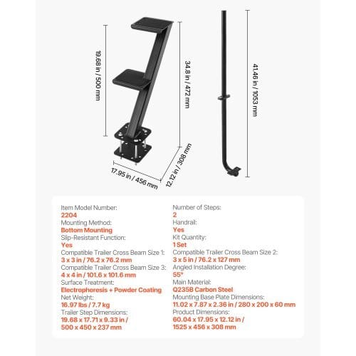 Boat Trailer Steps, 2-Step, Heavy-Duty Boat Trailer Steps with Handle, Non-Slip Surface, 3 Mounting Angle Options, Carbon Steel Ladder Suitable for 3" x 3"/3" x 5"/4" x 4" Frame, Bottom Mounting