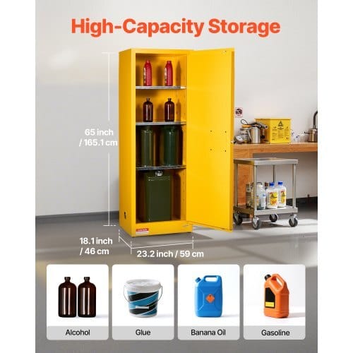 Flammable Cabinet, 23.2 x 18.1 x 65.0 inch, 23 Gallon Flammable Storage Cabinet with Adjustable Shelf, Cold-Rolled and Galvanized Steel Fire Cabinets, for Commercial Industrial Home Use, Yellow