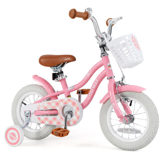 12 Inch Kids Bike with Training Wheels and Basket for Boys Girls 3-4 Years Old - Color: Peach - Size: 12 inches
