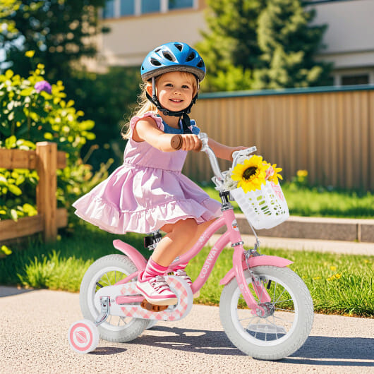 12 Inch Kids Bike with Training Wheels and Basket for Boys Girls 3-4 Years Old - Color: Peach - Size: 12 inches
