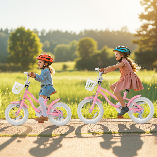 12 Inch Kids Bike with Training Wheels and Basket for Boys Girls 3-4 Years Old - Color: Peach - Size: 12 inches