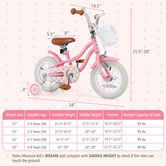 12 Inch Kids Bike with Training Wheels and Basket for Boys Girls 3-4 Years Old - Color: Peach - Size: 12 inches