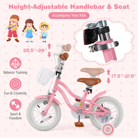12 Inch Kids Bike with Training Wheels and Basket for Boys Girls 3-4 Years Old - Color: Peach - Size: 12 inches