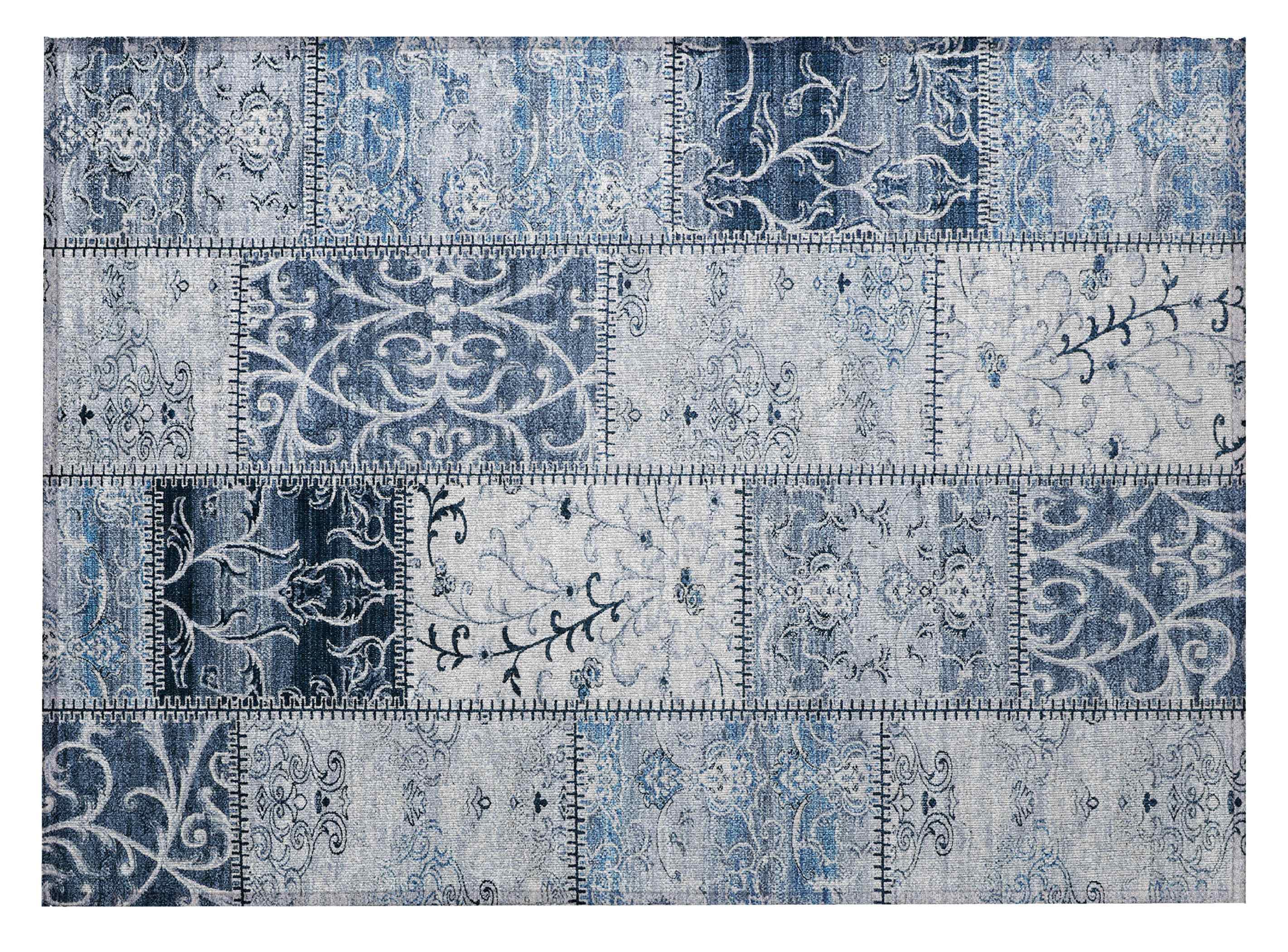 2' X 3' Denim Blue Patchwork Washable Non Skid Indoor Outdoor Area Rug