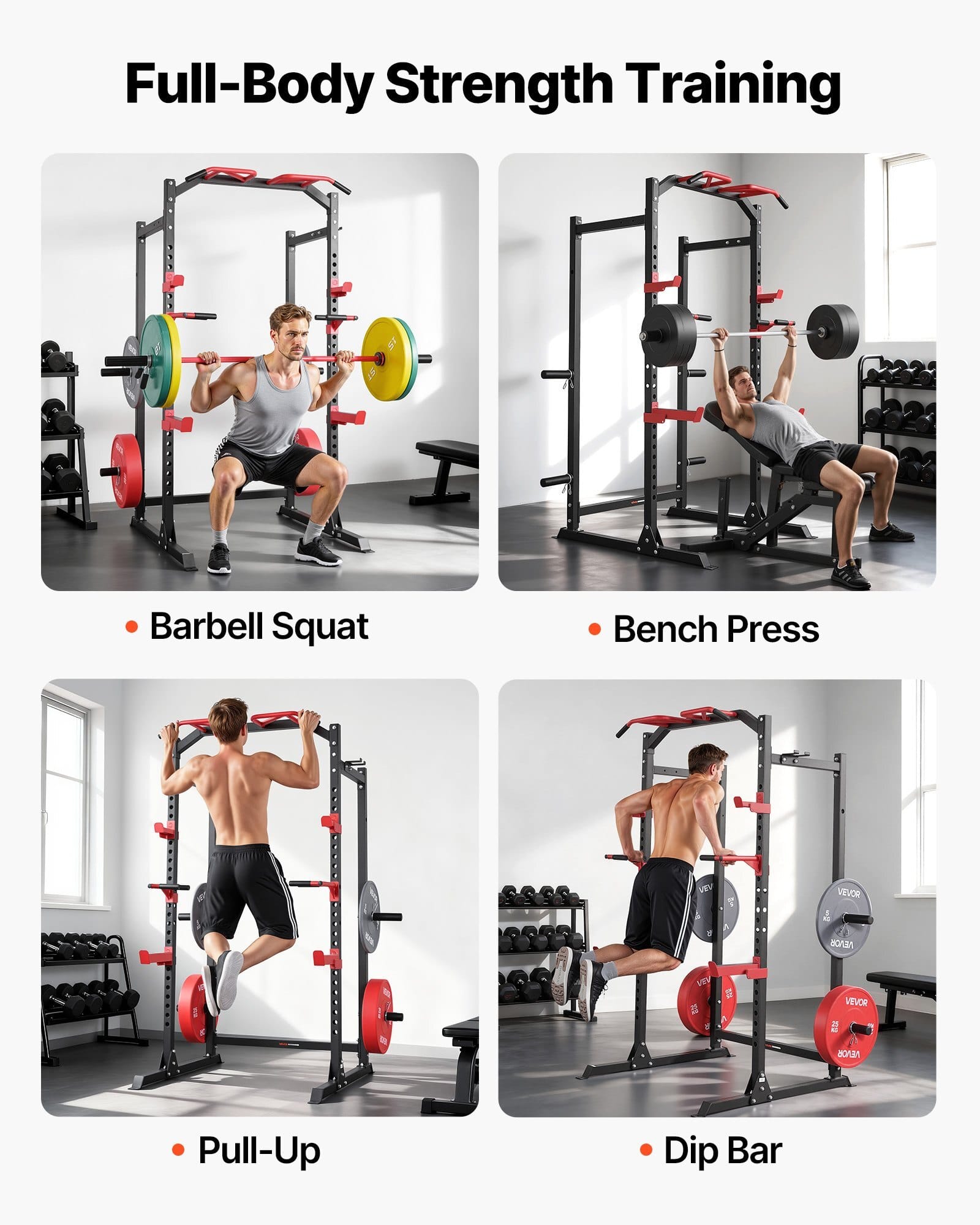 Power Cage Power Rack, Multifunctional Barbell Squat Rack with Adjustable Height, Home Gym Strength Training Workout Equipment with J-Hooks & More Fitness Attachment for Bench Press Pull-Up Dips