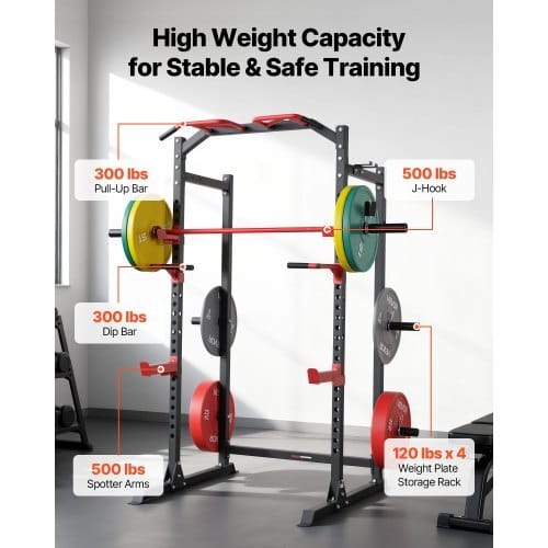 Power Cage Power Rack, Multifunctional Barbell Squat Rack with Adjustable Height, Home Gym Strength Training Workout Equipment with J-Hooks & More Fitness Attachment for Bench Press Pull-Up Dips
