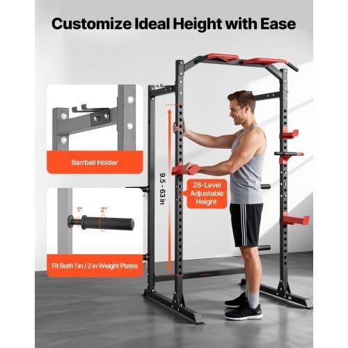 Power Cage Power Rack, Multifunctional Barbell Squat Rack with Adjustable Height, Home Gym Strength Training Workout Equipment with J-Hooks & More Fitness Attachment for Bench Press Pull-Up Dips
