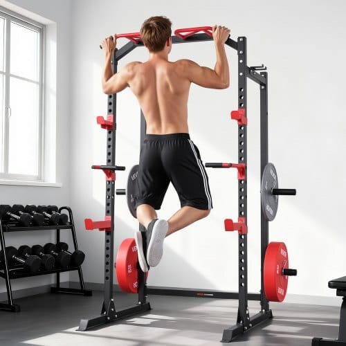 Power Cage Power Rack, Multifunctional Barbell Squat Rack with Adjustable Height, Home Gym Strength Training Workout Equipment with J-Hooks & More Fitness Attachment for Bench Press Pull-Up Dips