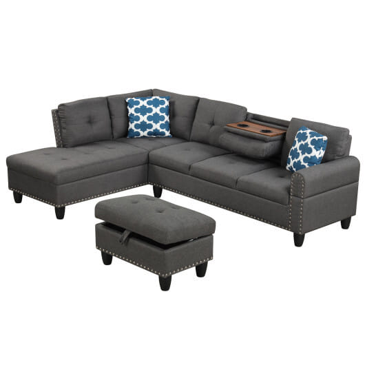 98 Inches Sectional Sofa Couch with Movable Storage Ottoman and Linen Fabric Backs-DG