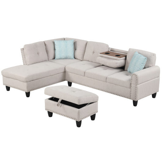 98 Inches Sectional Sofa Couch with Movable Storage Ottoman and Linen Fabric Backs-DG