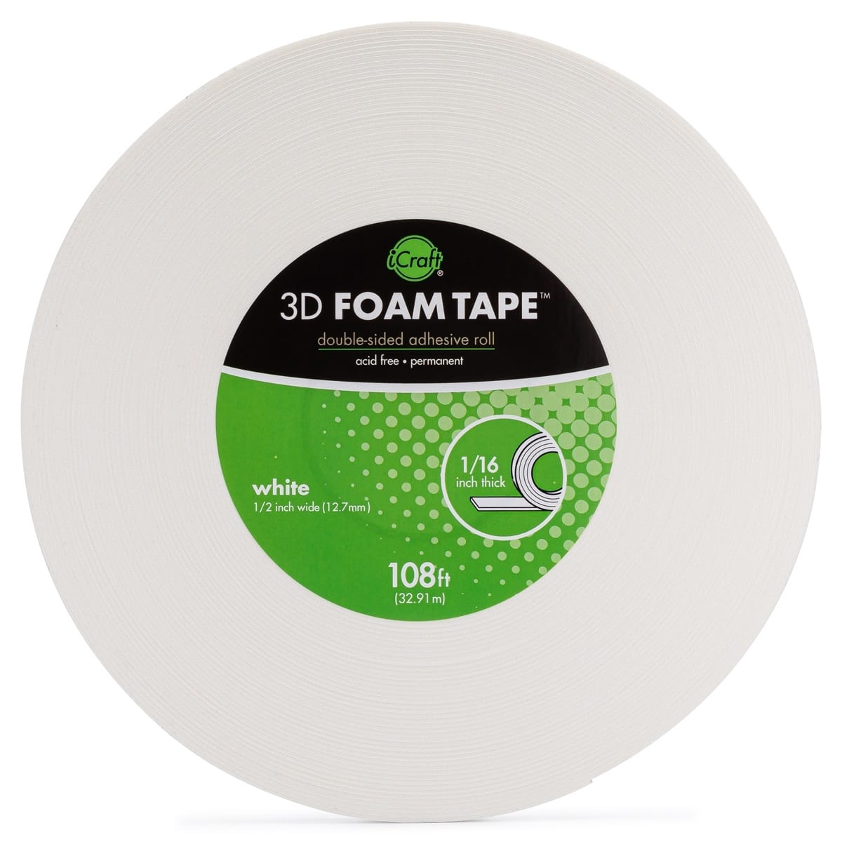 iCraft 3D Foam Tape Jumbo Roll-White .5X108  (Pack of 1)