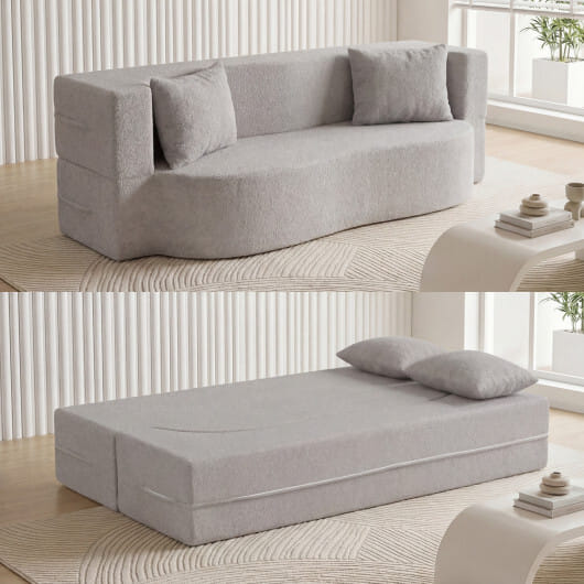 75.5 inch Folding Sofa Bed 2-in-1 Convertible Teddy Fleece Floor Loveseat with 2 Comfortable Pillows-Gray - Color: Gray