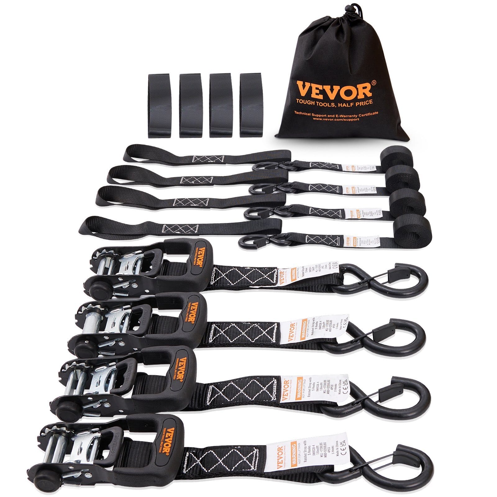 Ratchet Tie Down Straps (4PK), 5208 lb Max Break Strength, Includes 4 Premium 1.6" x 8' Rachet Tie Downs with Padded Handles, for Moving Securing Cargo, Appliances, Lawn Equipment, Motorcycle