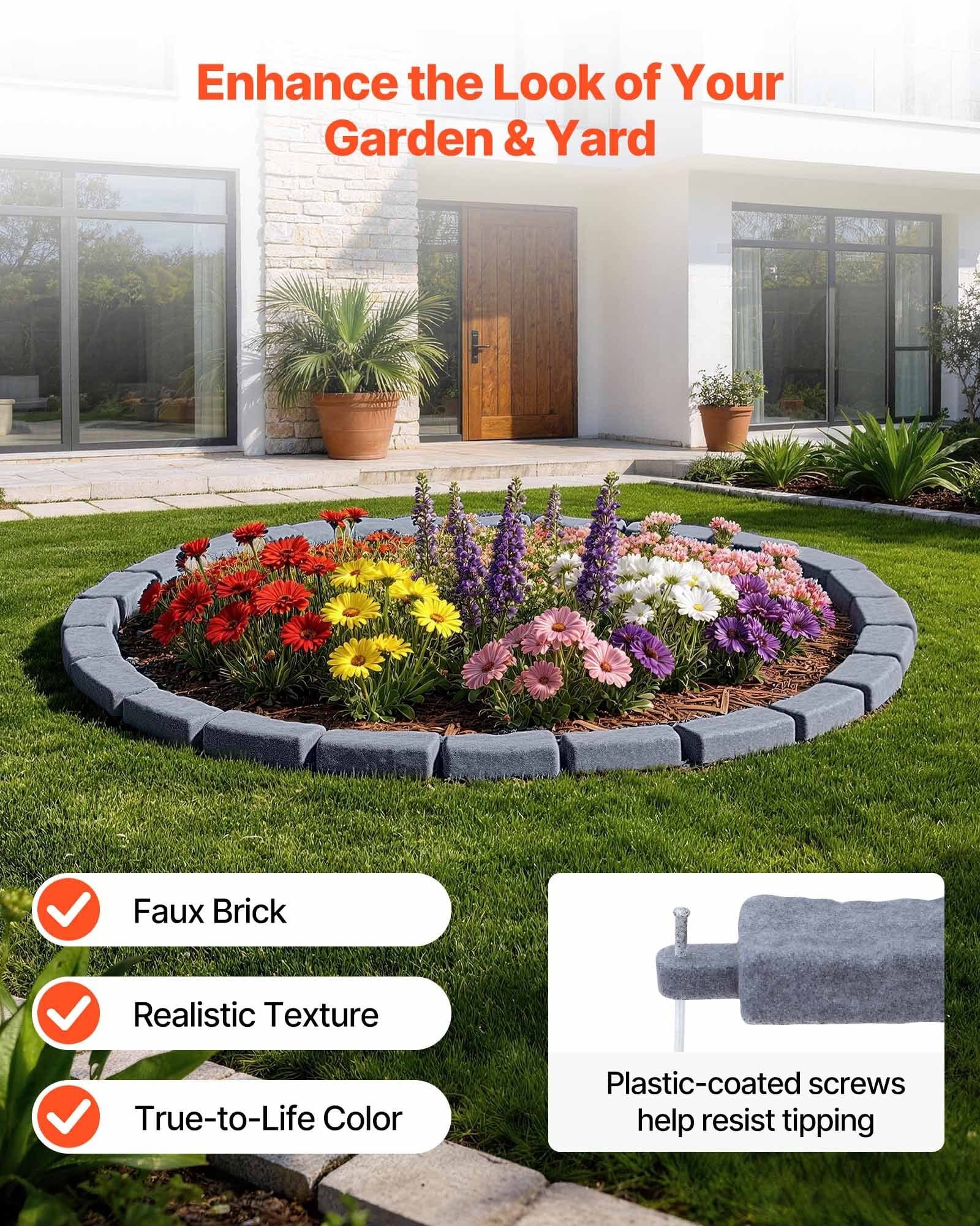 Faux Stone Landscape Edging, 15.5 ft Kit, No Dig Garden Edging Border, Blocks for Lawn, Flower Beds, Yards, 4 Pack Each Section Has 6 Bricks 46.46"L x 3.74"W x 2.24"H, 12 Spikes & End Cap, Gray