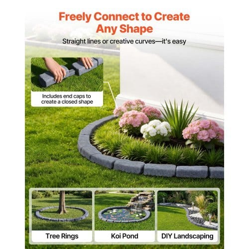 Faux Stone Landscape Edging, 15.5 ft Kit, No Dig Garden Edging Border, Blocks for Lawn, Flower Beds, Yards, 4 Pack Each Section Has 6 Bricks 46.46"L x 3.74"W x 2.24"H, 12 Spikes & End Cap, Gray
