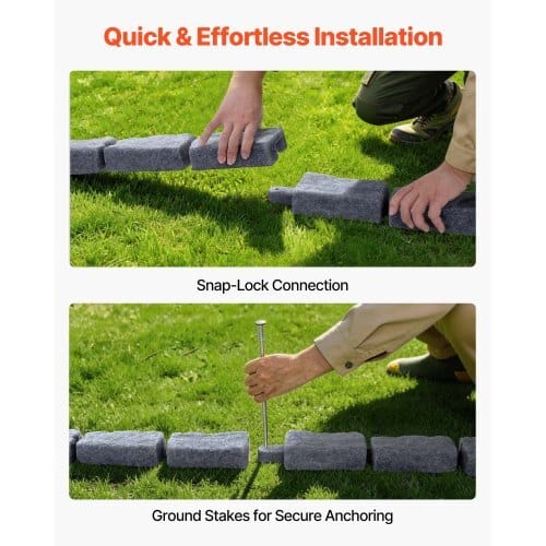 Faux Stone Landscape Edging, 15.5 ft Kit, No Dig Garden Edging Border, Blocks for Lawn, Flower Beds, Yards, 4 Pack Each Section Has 6 Bricks 46.46"L x 3.74"W x 2.24"H, 12 Spikes & End Cap, Gray