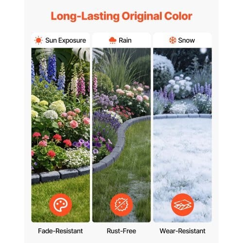Faux Stone Landscape Edging, 15.5 ft Kit, No Dig Garden Edging Border, Blocks for Lawn, Flower Beds, Yards, 4 Pack Each Section Has 6 Bricks 46.46"L x 3.74"W x 2.24"H, 12 Spikes & End Cap, Gray