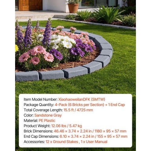 Faux Stone Landscape Edging, 15.5 ft Kit, No Dig Garden Edging Border, Blocks for Lawn, Flower Beds, Yards, 4 Pack Each Section Has 6 Bricks 46.46"L x 3.74"W x 2.24"H, 12 Spikes & End Cap, Gray