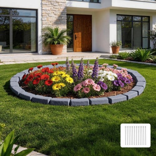 Faux Stone Landscape Edging, 15.5 ft Kit, No Dig Garden Edging Border, Blocks for Lawn, Flower Beds, Yards, 4 Pack Each Section Has 6 Bricks 46.46"L x 3.74"W x 2.24"H, 12 Spikes & End Cap, Gray