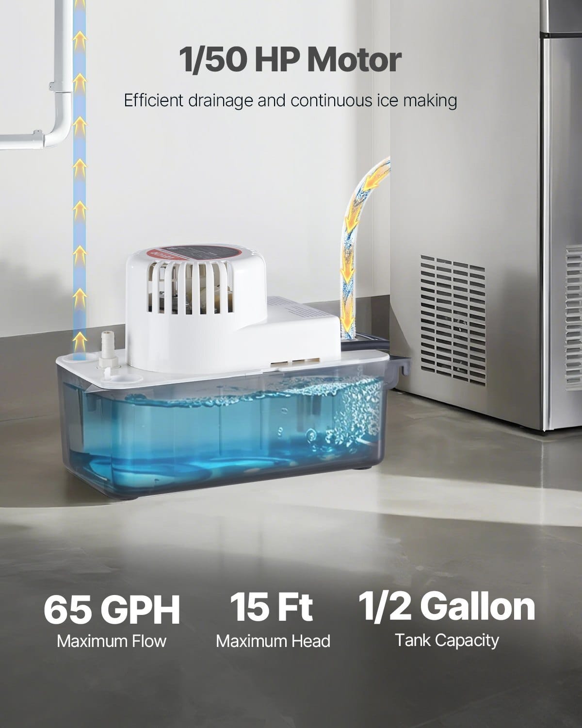 Condensate Removal Pump, 1/50 HP, 65 GPH, 15 ft Lift, 1/2 Gal Tank Automatic AC Condensation Pump with Float Switch & 20 ft Hose for Air Conditioner, Dehumidifier, Furnace, Ice Maker Water Drain