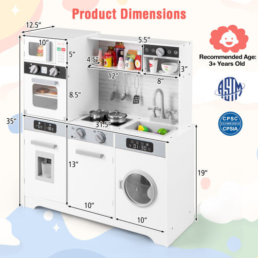 Pretend Play Kitchen Wooden Toy Set Kitchen Accessory Playset with Real Lights Sounds-White - Color: White