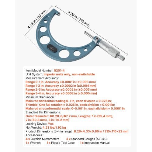 4 PCS Micrometer Set, 0-1"/1-2"/2-3"/3-4" Machinist Outside Micrometer, Ultra-Precision 0.0001 Accuracy, Professional Machinist Tools with Protective Case, for Metalworking & Engineering