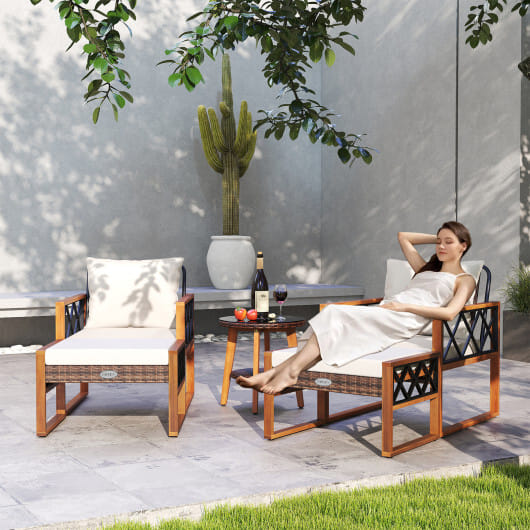 5 Pieces Patio Furniture Set PE Rattan Outdoor Conversation Set with Acacia Wood