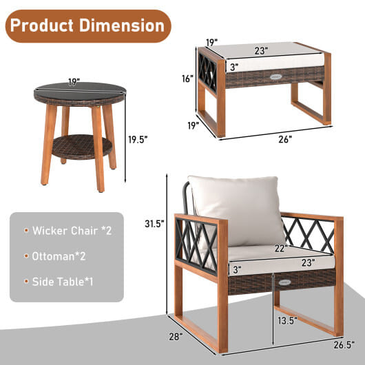 5 Pieces Patio Furniture Set PE Rattan Outdoor Conversation Set with Acacia Wood