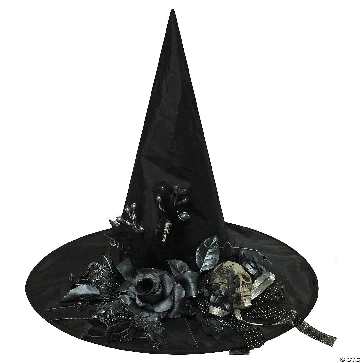 Adults Black Witch Hat with Skull and Flowers
