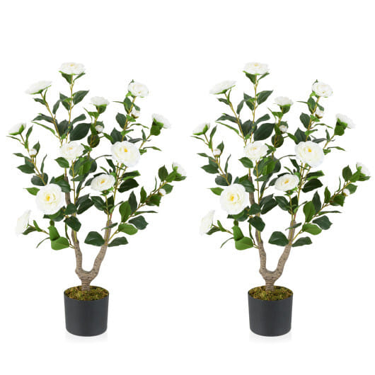 Costway 36 Inch Artificial Camellia Tree with Blooming Flower 2 Pack-White