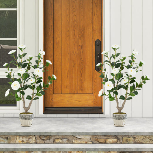 Costway 36 Inch Artificial Camellia Tree with Blooming Flower 2 Pack-White