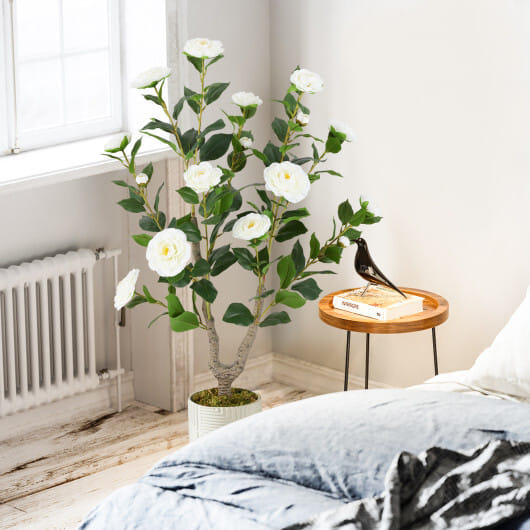Costway 36 Inch Artificial Camellia Tree with Blooming Flower 2 Pack-White