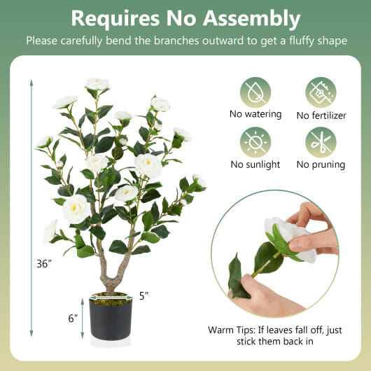 Costway 36 Inch Artificial Camellia Tree with Blooming Flower 2 Pack-White