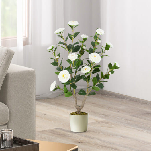 Costway 36 Inch Artificial Camellia Tree with Blooming Flower 2 Pack-White
