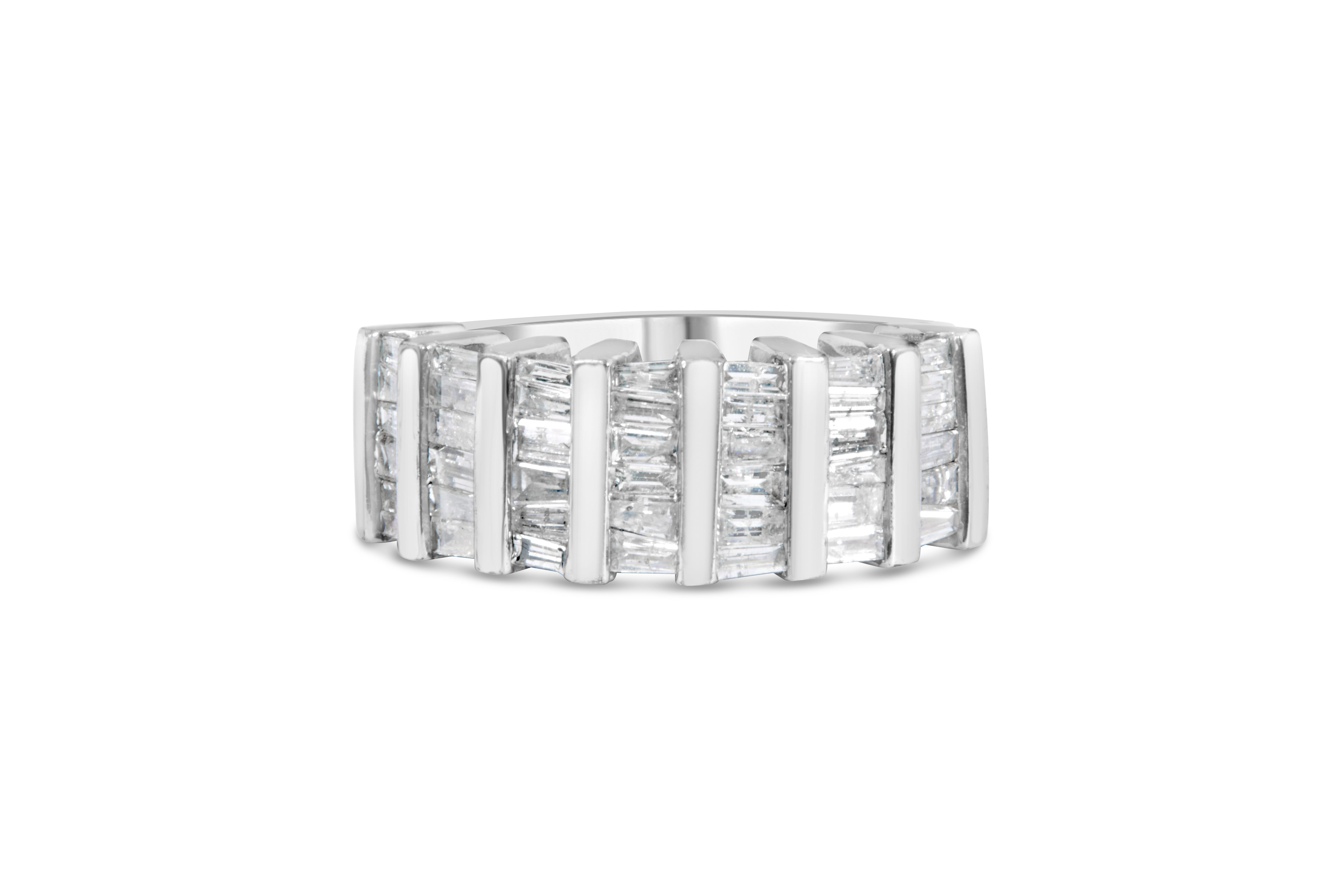 .925 Sterling Silver 1.0 Cttw Baguette Cut Diamond Vertical Channel Fluted Multi-Row Unisex Fashion Wedding Ring (H-I Color, I1-I2 Clarity) - Size 6-3/4