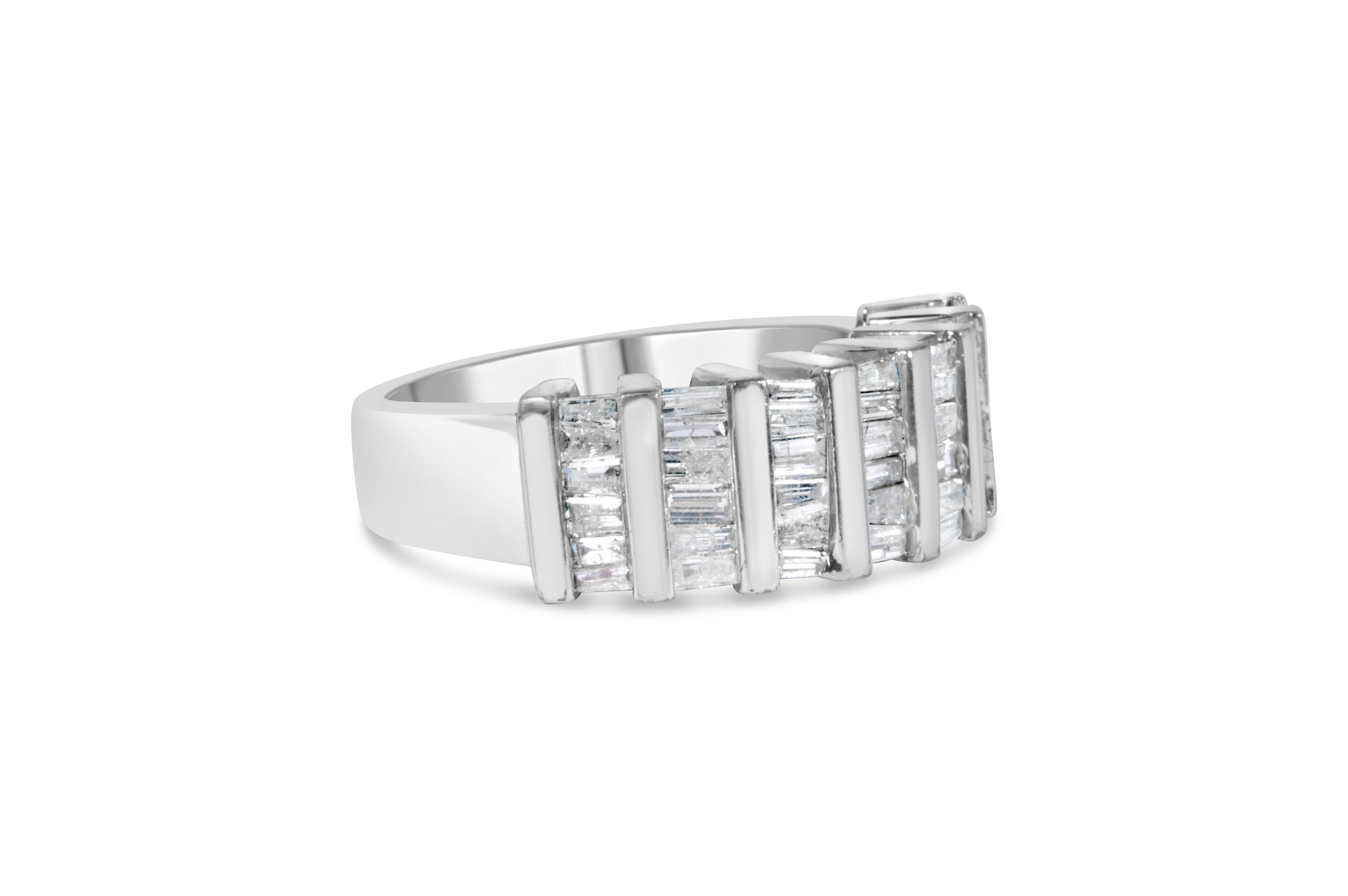 .925 Sterling Silver 1.0 Cttw Baguette Cut Diamond Vertical Channel Fluted Multi-Row Unisex Fashion Wedding Ring (H-I Color, I1-I2 Clarity) - Size 6-3/4