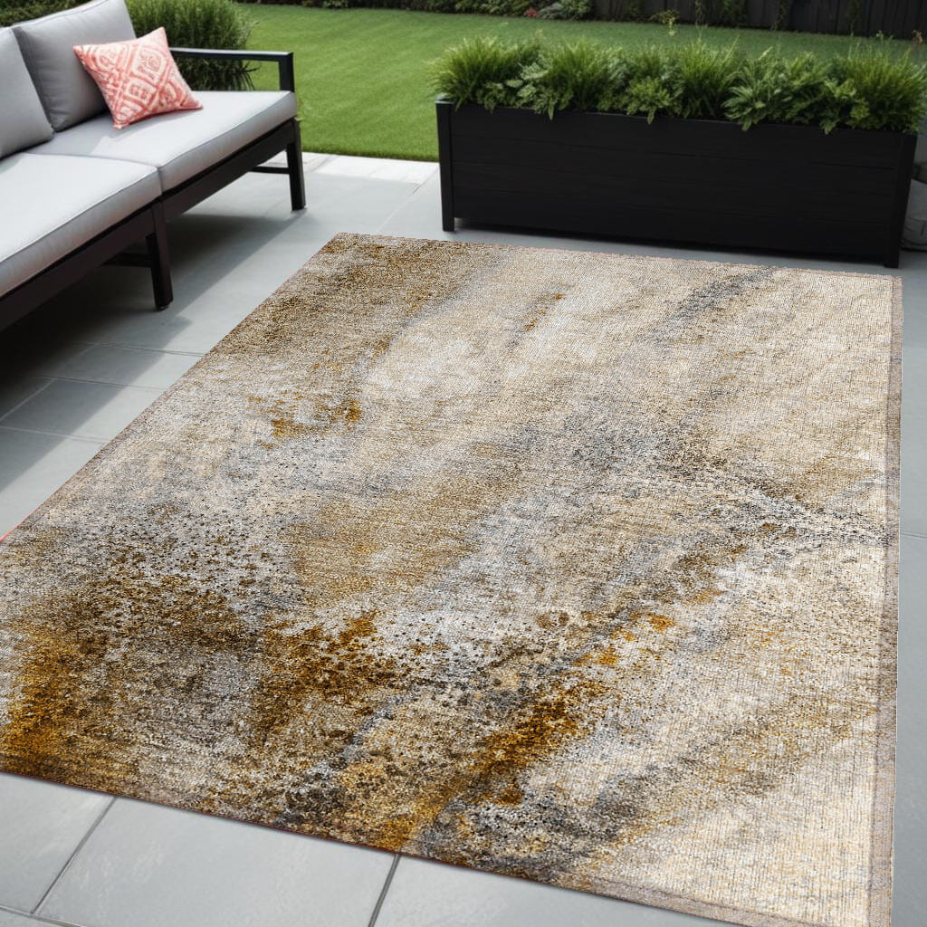 5' X 8' Brown Abstract Washable Non Skid Indoor Outdoor Area Rug