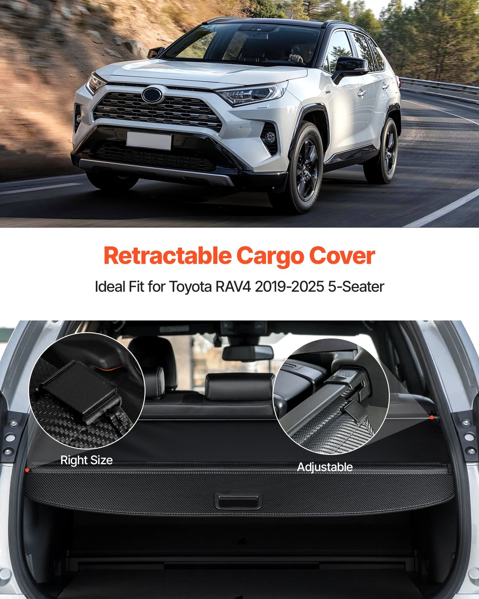 Retractable Cargo Cover, Upgraded Carbon Fiber Texture Trunk Cover, Anti-Peeping Luggage Privacy Shield, Easy Installation Security Shade Car Accessories, for Toyota RAV4 2019-2025 5-Seater