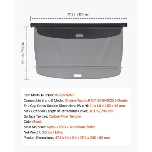 Retractable Cargo Cover, Upgraded Carbon Fiber Texture Trunk Cover, Anti-Peeping Luggage Privacy Shield, Easy Installation Security Shade Car Accessories, for Toyota RAV4 2019-2025 5-Seater