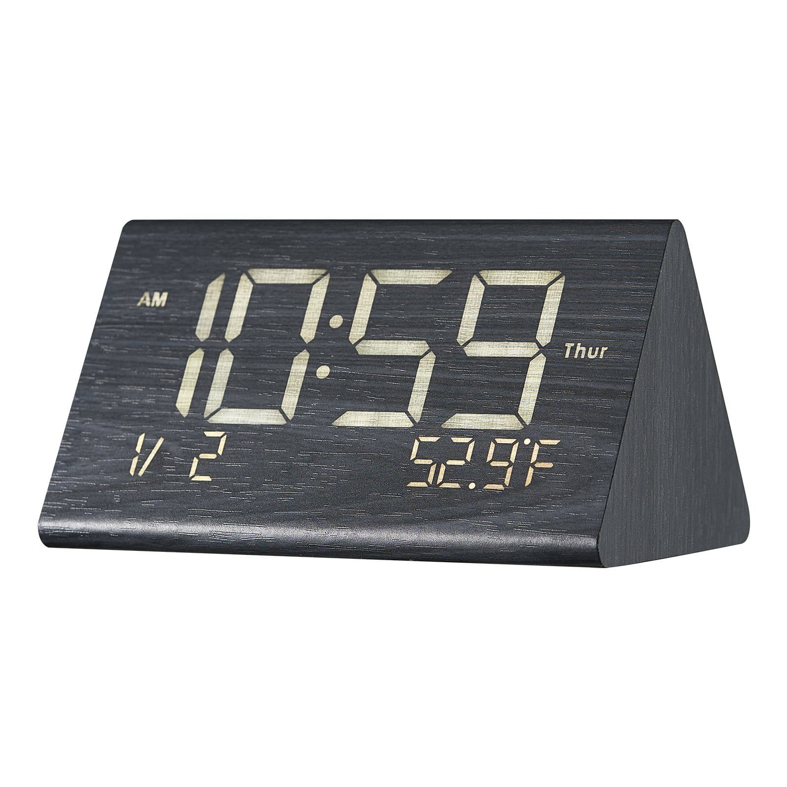 Digital Alarm Clock, Wooden Desk Clock with Dual Alarm, USB Port, Snooze, Night Light, Voice Control, Adjustable Volume, Bedside Desktop Clock with Charger for Bedroom, Kitchen, Office, Black