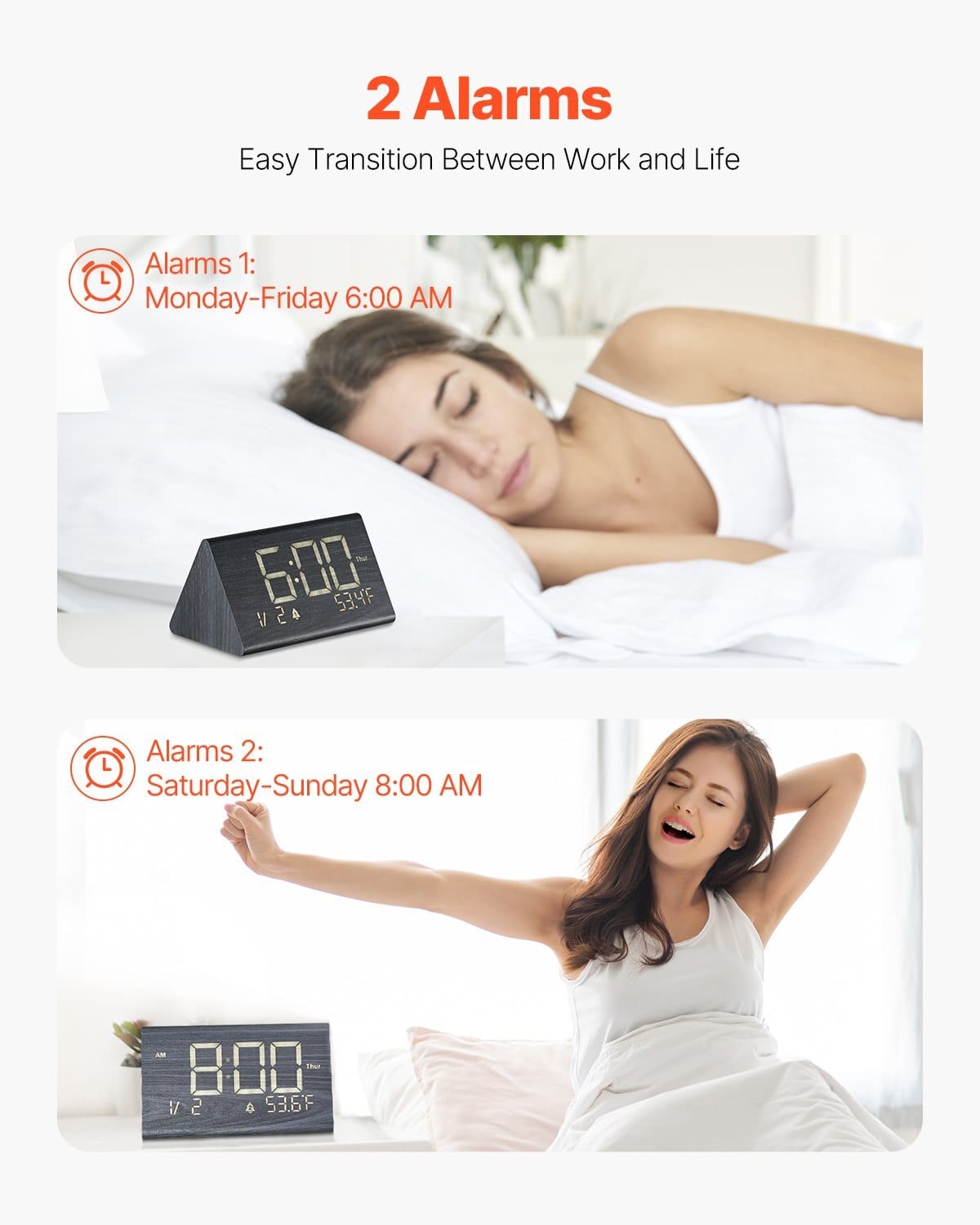 Digital Alarm Clock, Wooden Desk Clock with Dual Alarm, USB Port, Snooze, Night Light, Voice Control, Adjustable Volume, Bedside Desktop Clock with Charger for Bedroom, Kitchen, Office, Black
