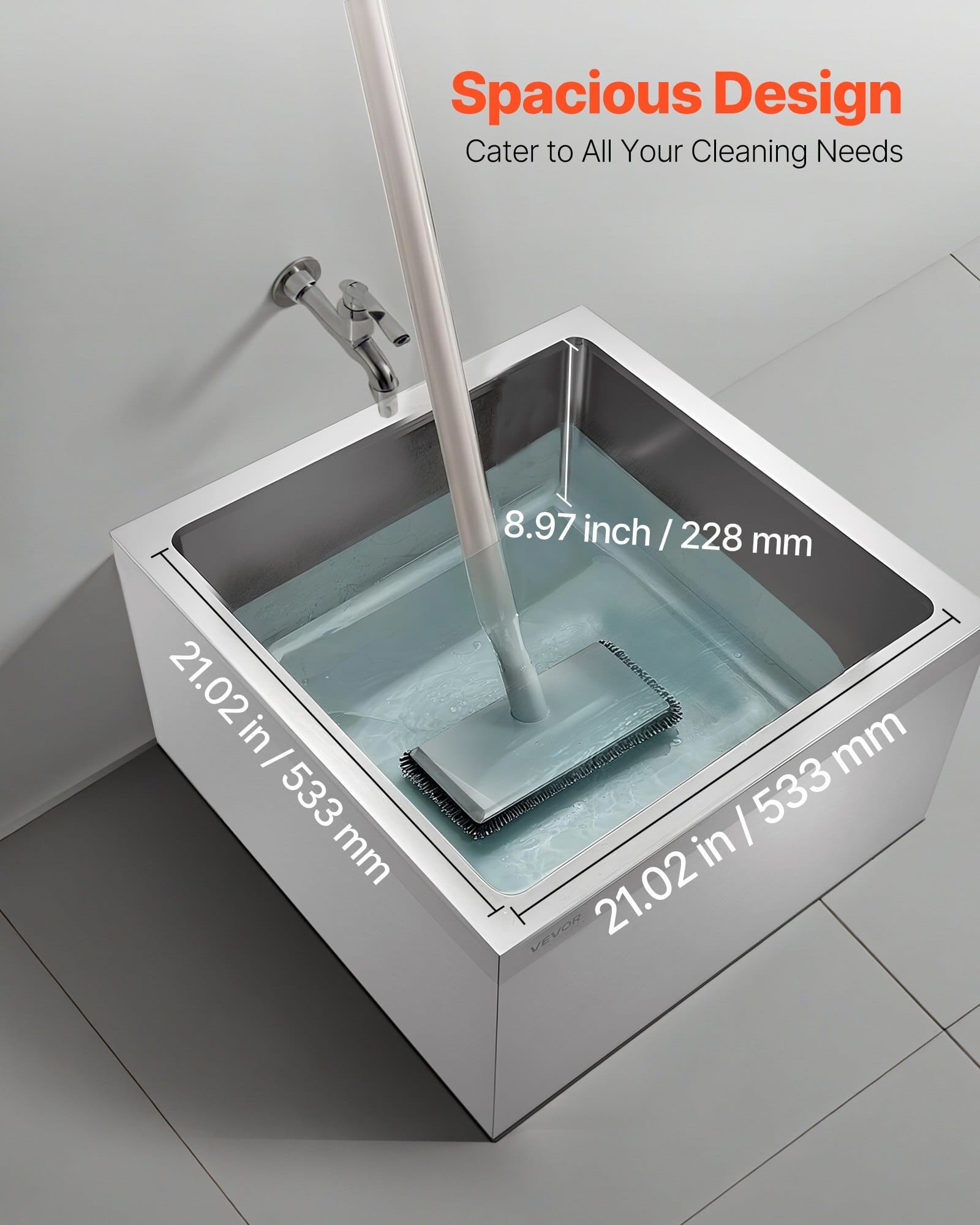 Stainless Steel Floor Mop Sink, 24 x 24 x 13 in, 304 Stainless Steel, with 3-in-1 Filter and Wall-Mounted Bracket, X-Shaped Groove for Quick and Smooth Drainage, for Balcony and Bathroom