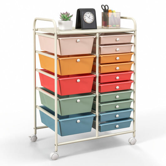 Costway 15 Drawer Rolling Storage Cart Tools Scrapbook Paper Office School Organizer Multicolored - Color: Deep Multicolor