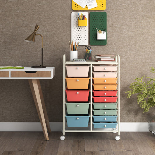 Costway 15 Drawer Rolling Storage Cart Tools Scrapbook Paper Office School Organizer Multicolored - Color: Deep Multicolor