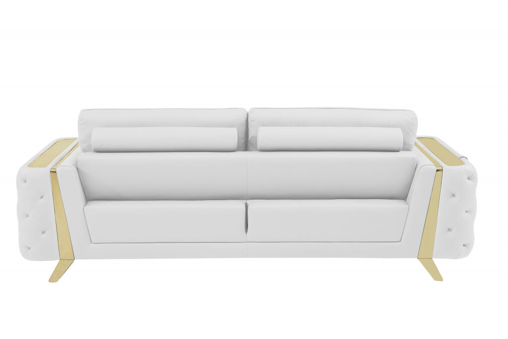 90" White Italian Leather Sofa With Gold Legs